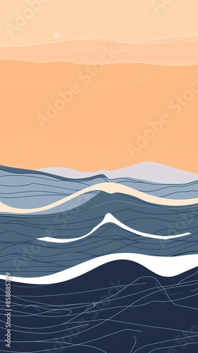 A minimalist flat design with clean lines in pastel colors, featuring an abstract representation of waves
