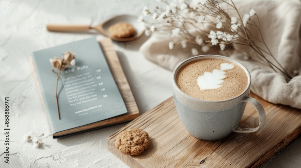 Blue menu model on a Scandinavian style beige wooden desktop. The menu is on a beige wooden table in the cafe, blue napkins with white cells, Cafe Blue menu model on a Scandinavian style beige wooden desktop. The menu is on a beige wooden table in the cafe, blue napkins with white cells, Cafe
