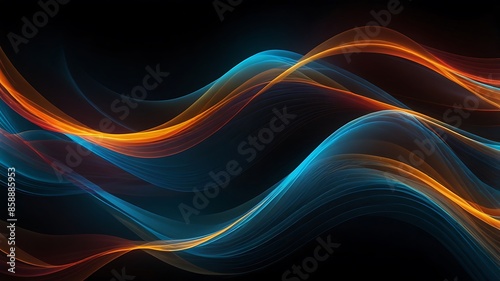 Abstract light waves in shades of blue, cyan, red and orange on a black background. Generative Ai.