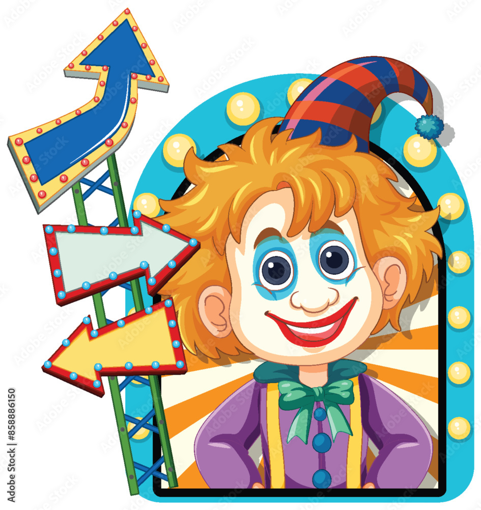 Cheerful clown with vibrant directional signs Cheerful clown with vibrant directional signs
