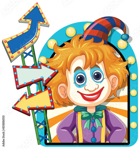 Cheerful clown with vibrant directional signs