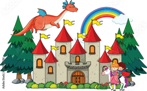 Castle scene with dragon, rainbow, and children on horse