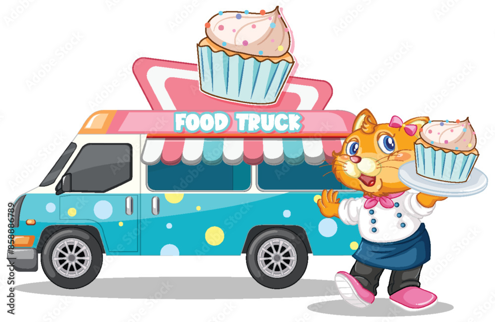 Cartoon cat serving cupcakes from food truck Cartoon cat serving cupcakes from food truck