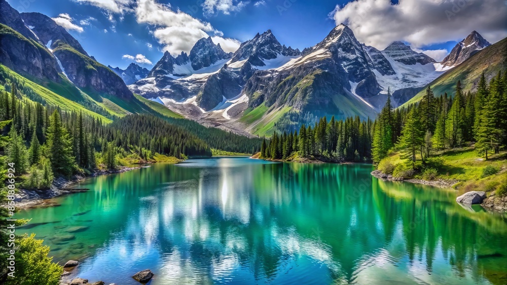 Fototapeta premium Breathtaking serene mountain landscape with rugged snow-capped peaks towering above serene turquoise lake surrounded by lush green forest under crystal-clear blue sky.,hd,8k.
