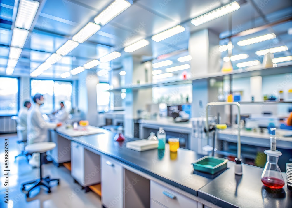 Lab Technicians In Lab Coats Working At Lab Benches In A Modern Laboratory. Lab Technicians In Lab Coats Working At Lab Benches In A Modern Laboratory.
