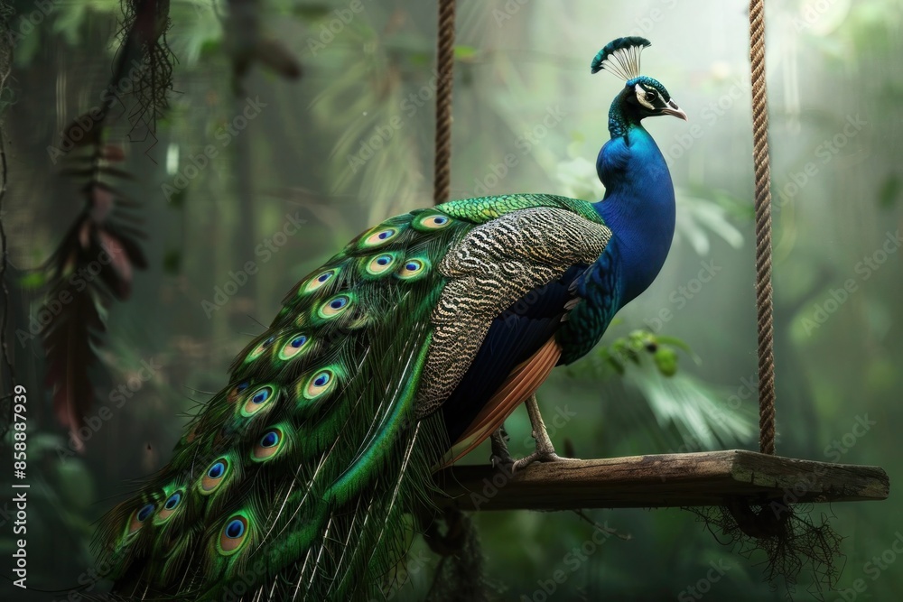 A regal peacock perched on a swing, displaying its magnificent plumage. A regal peacock perched on a swing, displaying its magnificent plumage.