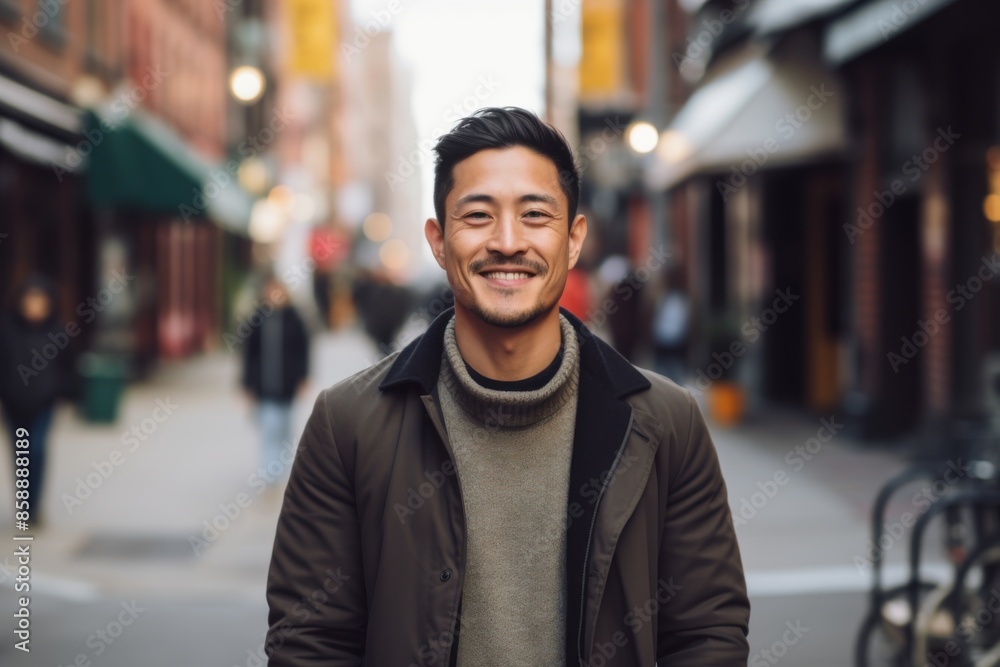 Portrait of an Asian man smiling on a city street Portrait of an Asian man smiling on a city street