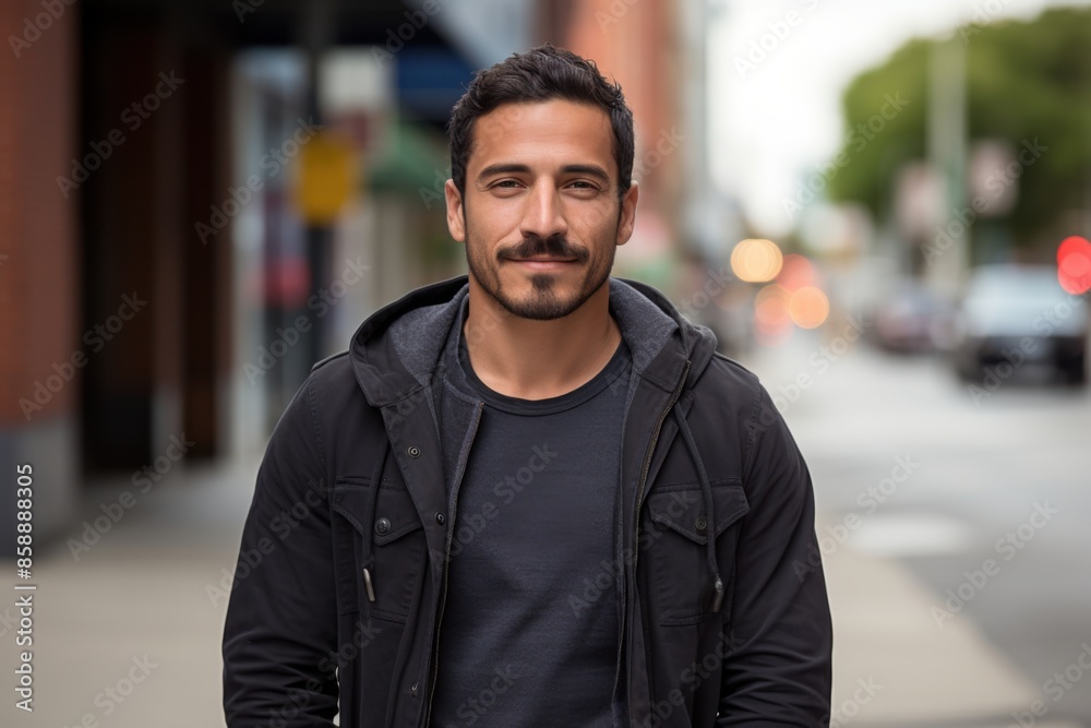 Portrait of a hispanic man smiling on a city street Portrait of a hispanic man smiling on a city street