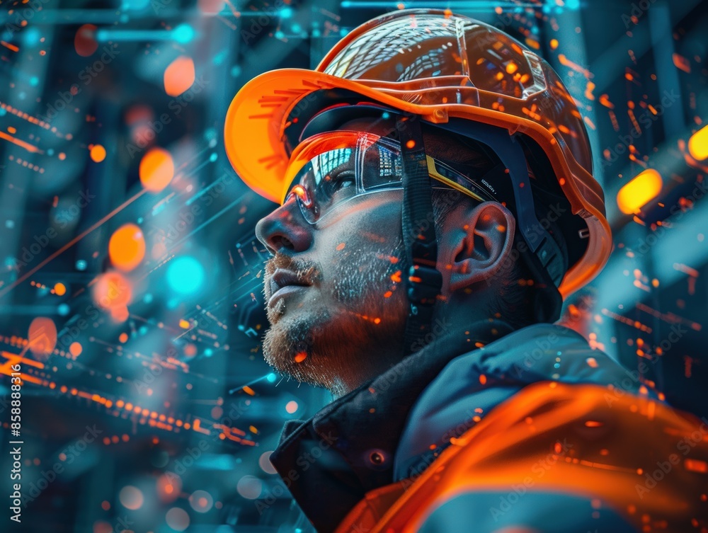 Modern construction worker in a futuristic setting, showcasing technology integration in the construction industry, wearing an orange helmet. Modern construction worker in a futuristic setting, showcasing technology integration in the construction industry, wearing an orange helmet.