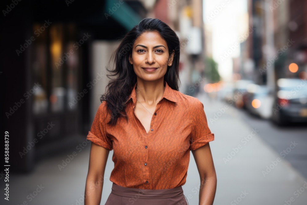 Fototapeta premium Hispanic woman in her 40s smiling on a city street