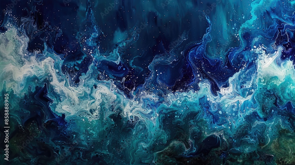 A painting of a wave with a blue background. The painting is abstract and has a lot of movement A painting of a wave with a blue background. The painting is abstract and has a lot of movement