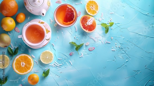 Fototapeta Naklejka Na Ścianę i Meble -  Summer fruit infused tea with teacup teapot and citrus fruits on blue background viewed from the top