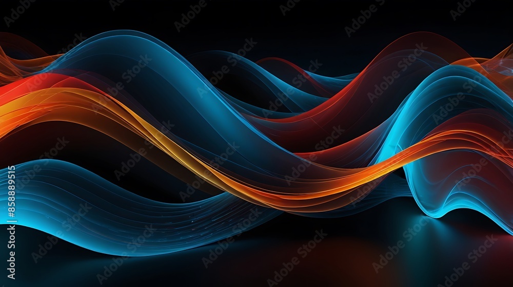 Abstract light waves in shades of blue, cyan, red and orange on a black background. Generative Ai.