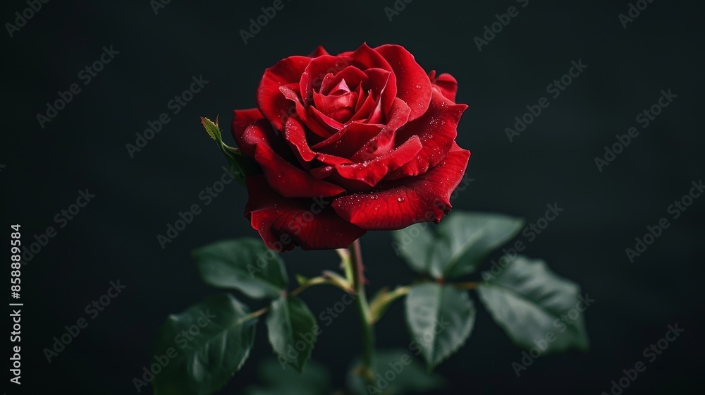 Stunning Macro Photograph of a Dew-Kissed Red Rose with Dark Green Leaves Stunning Macro Photograph of a Dew-Kissed Red Rose with Dark Green Leaves
