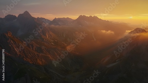 Majestic Mountain Range Ablaze with Golden Sunrise Over Serene Valley Landscape © pkproject