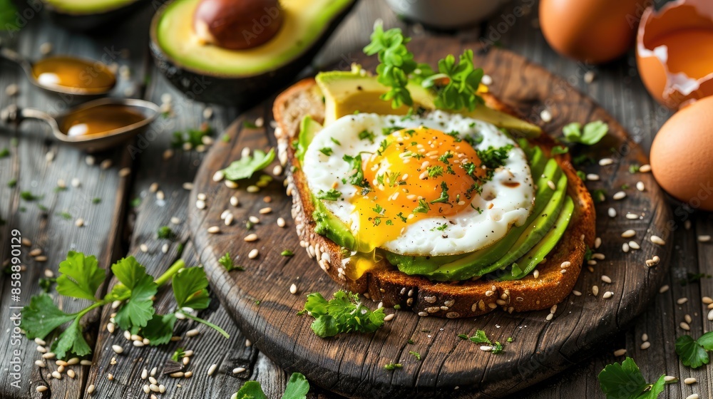 Healthy Christmas brunch Avocado and egg sandwich on wooden table Healthy Christmas brunch Avocado and egg sandwich on wooden table