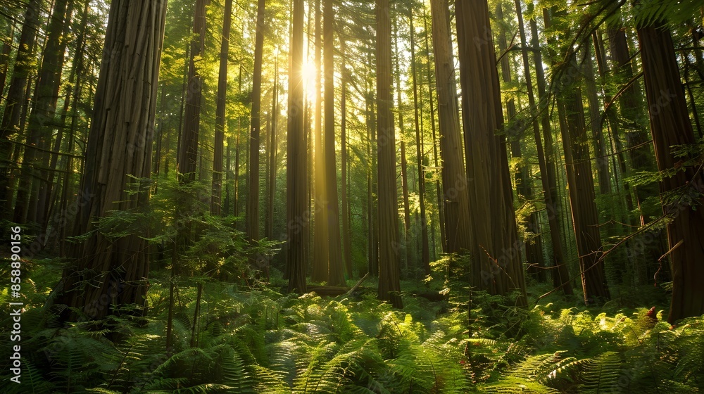 Majestic Ancient Redwood Forest with Towering Trees and Dappled Sunlight on the Lush Fern-Covered Majestic Ancient Redwood Forest with Towering Trees and Dappled Sunlight on the Lush Fern-Covered