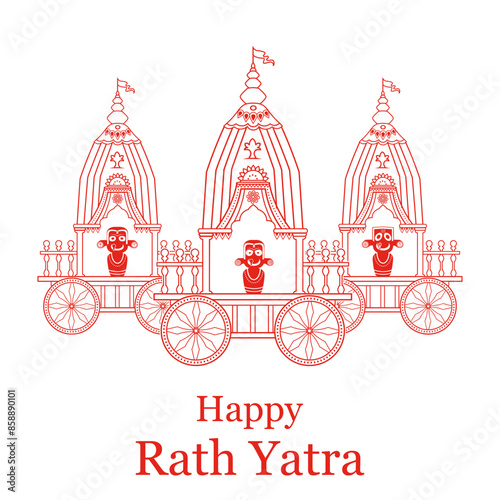 illustration of Lord Jagannath, Balabhadra and Subhadra on annual Ratha Yatra in Odisha festival background