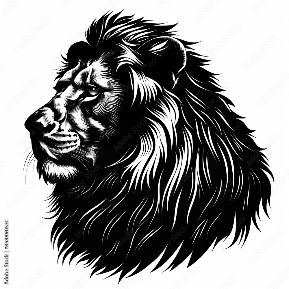 A black and white drawing of a lion 's head A black and white drawing of a lion 's head