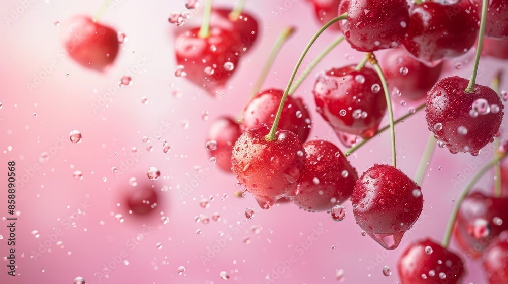 Vibrant Fresh Cherries with Water Droplets in Dynamic Motion against Pink Background Vibrant Fresh Cherries with Water Droplets in Dynamic Motion against Pink Background