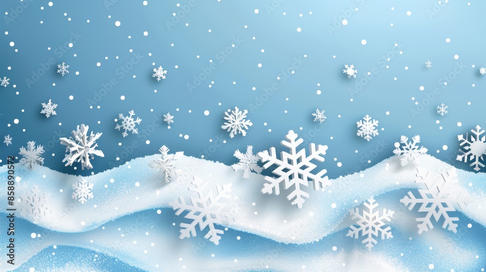 Naklejka premium Snowflakes fall on a wintery blue background with snowy drifts. Perfect for holiday or winter themed designs.