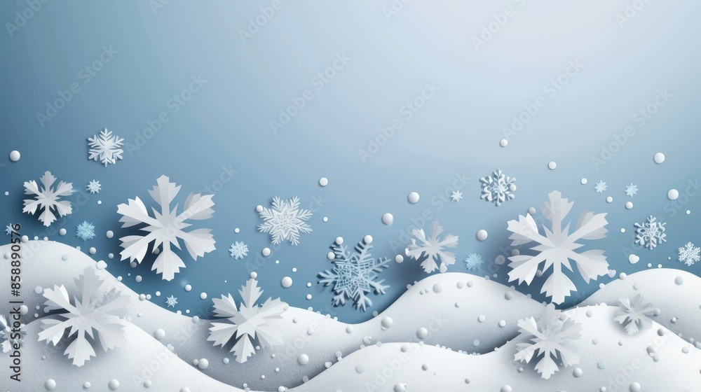 Snowy winter landscape with falling snowflakes and a blue sky. Perfect for holiday greetings and winter themed designs. Snowy winter landscape with falling snowflakes and a blue sky. Perfect for holiday greetings and winter themed designs.