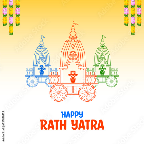 illustration of Lord Jagannath, Balabhadra and Subhadra on annual Ratha Yatra in Odisha festival background
