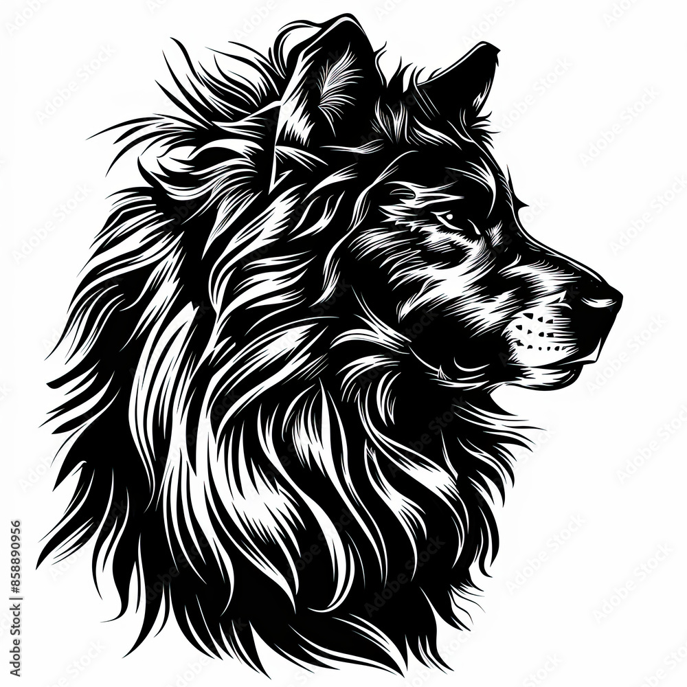 Obraz premium A black and white drawing of a lion 's head with a long mane
