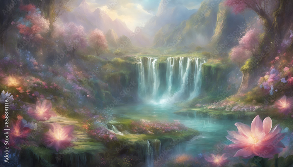 Obraz premium A beautiful paradise land full of flowers, rivers and waterfalls, a blooming and magical idyllic Eden garden.