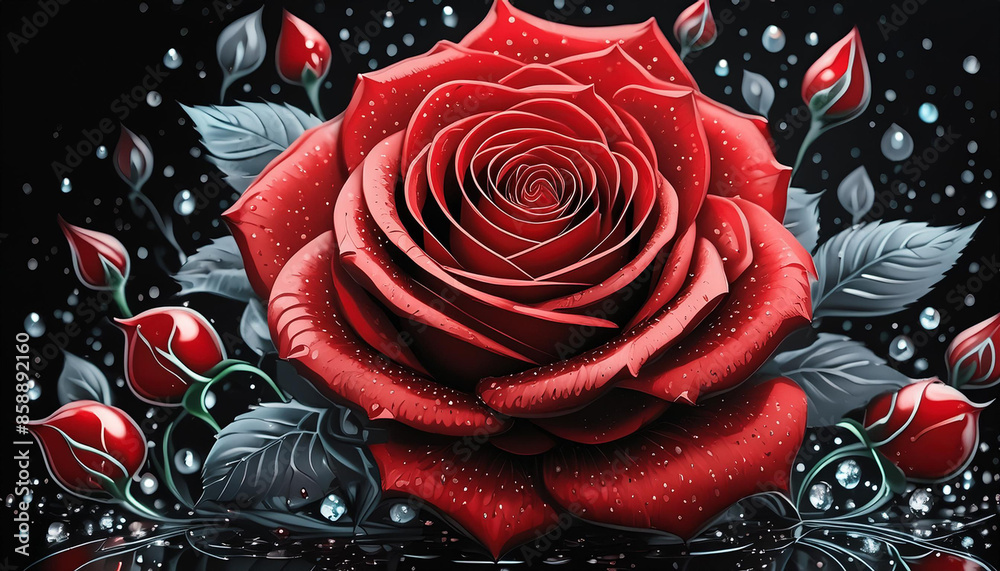 A bright red rose on a black background with drops of water A bright red rose on a black background with drops of water
