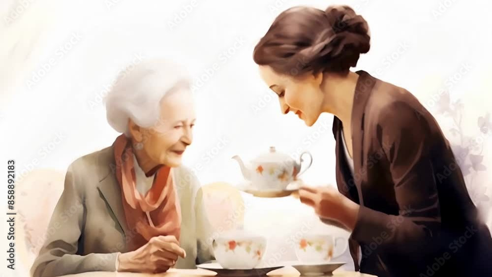Woman enjoying a peaceful cup of tea with her elderly mother, a simple yet profound moment of companionship Woman enjoying a peaceful cup of tea with her elderly mother, a simple yet profound moment of companionship