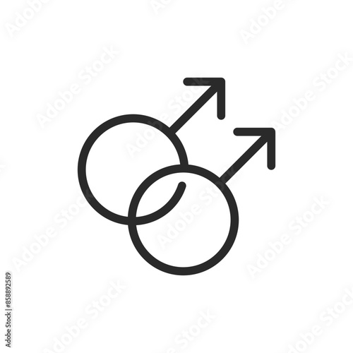 Interconnected male symbols, linear style icon. male gender and relationships. Editable stroke width