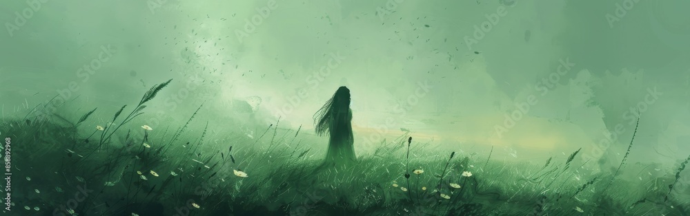 This painting depicts a solitary figure standing in a field of tall grass and flowers, shrouded in a swirling, green fog. The figures long hair and dress are visible, and their silhouette is barely di This painting depicts a solitary figure standing in a field of tall grass and flowers, shrouded in a swirling, green fog. The figures long hair and dress are visible, and their silhouette is barely di