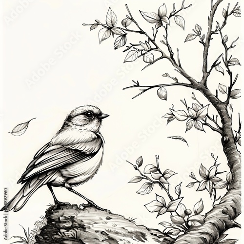 Black and white bird sketch perched on a tree branch, surrounded by fluttering leaves in a serene outdoor setting.