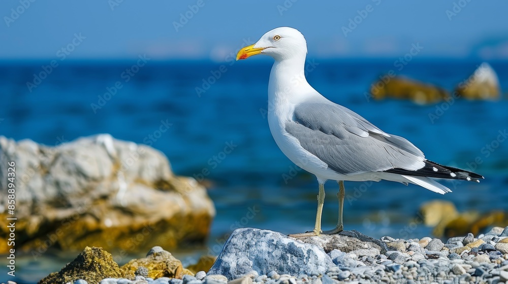 Tranquil white seagull by serene sea on sandy shore, a peaceful and picturesque coastal scene Tranquil white seagull by serene sea on sandy shore, a peaceful and picturesque coastal scene