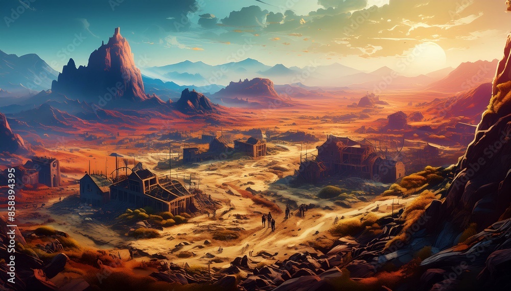 Obraz premium Dystopian Wasteland - A desolate wasteland with ruined buildings, scavengers, and a bleak