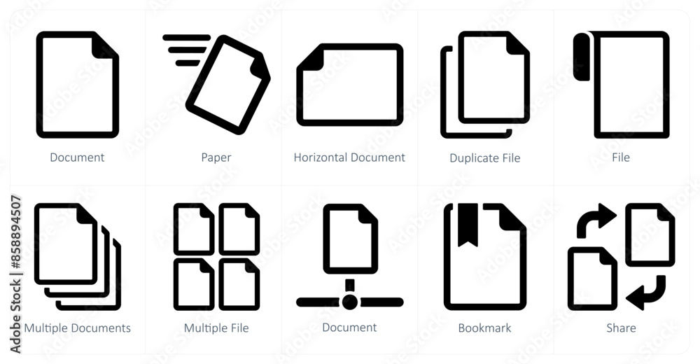 A set of 10 File icons as document, paper, horizontal document
