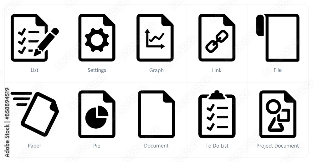 A set of 10 File icons as list, settings, graph A set of 10 File icons as list, settings, graph