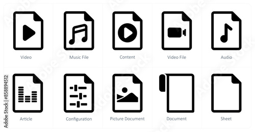 A set of 10 File icons as video, music file, content