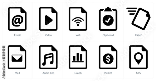 A set of 10 File icons as email, video, wifi