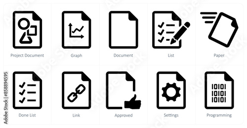 A set of 10 File icons as project document, graph, document