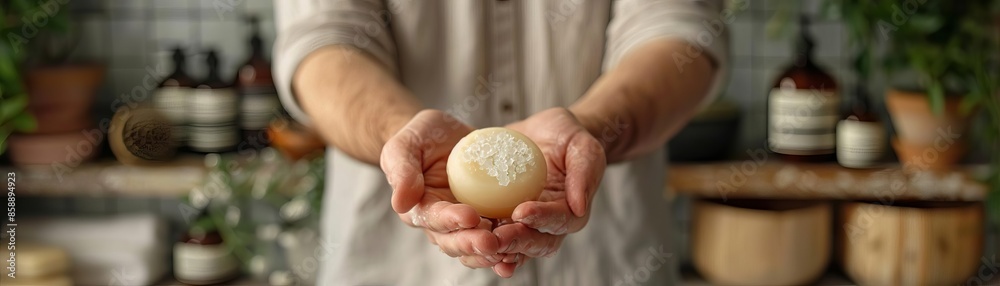 Man holding a natural solid shampoo bar in a bathroom Man holding a natural solid shampoo bar in a bathroom