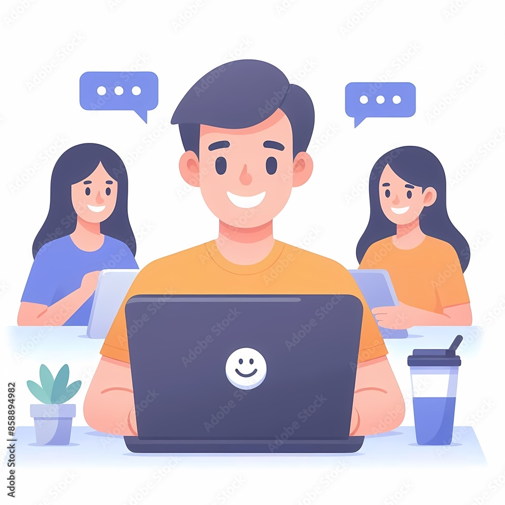 Fototapeta premium Professional young man working on laptop at home modern vector illustration