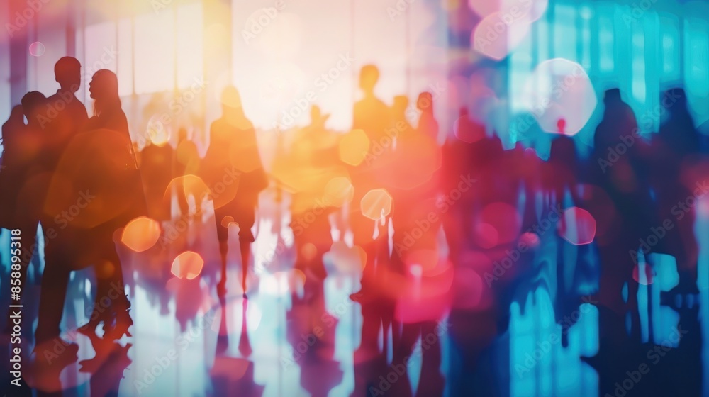 A group of people walking in a mall with a blurry background. The people are walking in a line and some of them are carrying handbags. The scene has a busy and bustling atmosphere A group of people walking in a mall with a blurry background. The people are walking in a line and some of them are carrying handbags. The scene has a busy and bustling atmosphere