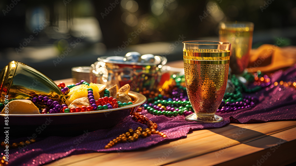 Colorful Mardi Gras beads and a glass of champagne on a table. Colorful Mardi Gras beads and a glass of champagne on a table.