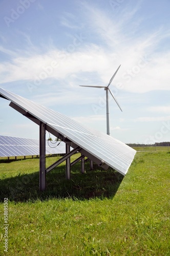 Power plant. Wind turbine and solar panels