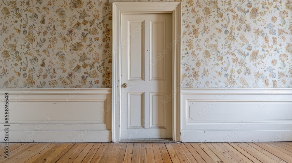 Closet door on a blank wall, minimal, simple lens, weird science themed wallpaper on the surrounding walls, Closet door on a blank wall, minimal, simple lens, weird science themed wallpaper on the surrounding walls,