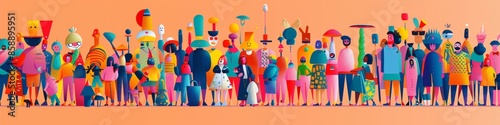Colorful cartoon characters in modern attire, with unique accessories, gathered together in a joyful crowd scene.