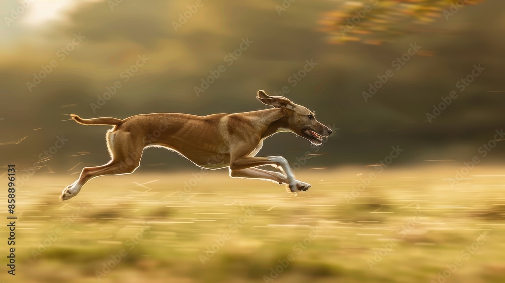 Fototapeta premium A dog is running in a field with its tail wagging. The dog is brown and white