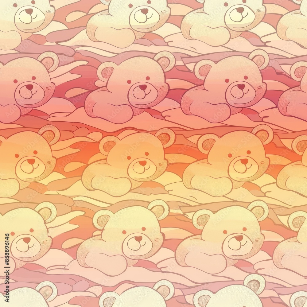 This image features a seamless pattern of cartoon teddy bears in a pink, orange, and yellow gradient. The bears are drawn in a simple, cartoon style and are facing forward with their paws tucked under This image features a seamless pattern of cartoon teddy bears in a pink, orange, and yellow gradient. The bears are drawn in a simple, cartoon style and are facing forward with their paws tucked under